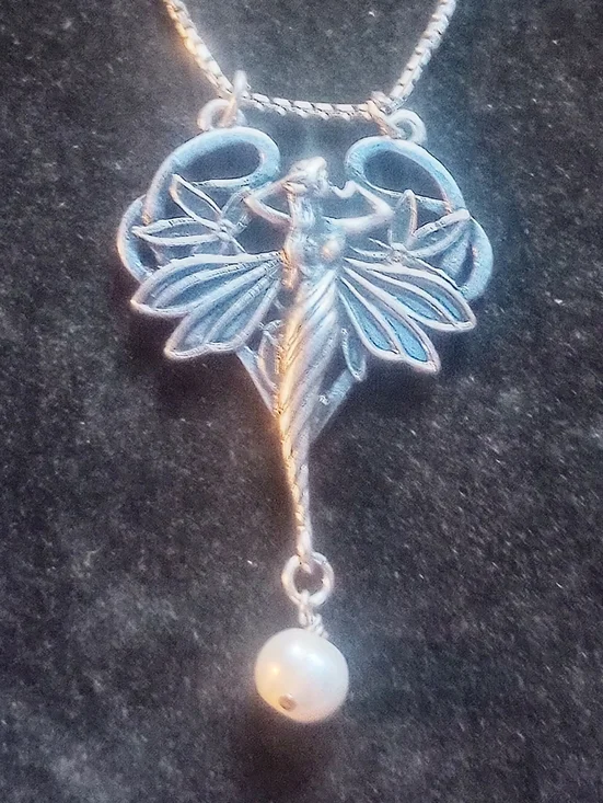 Hand Crafted Silver Fairy Pendant Necklace with Pearl Accent - Picture 2 of 3